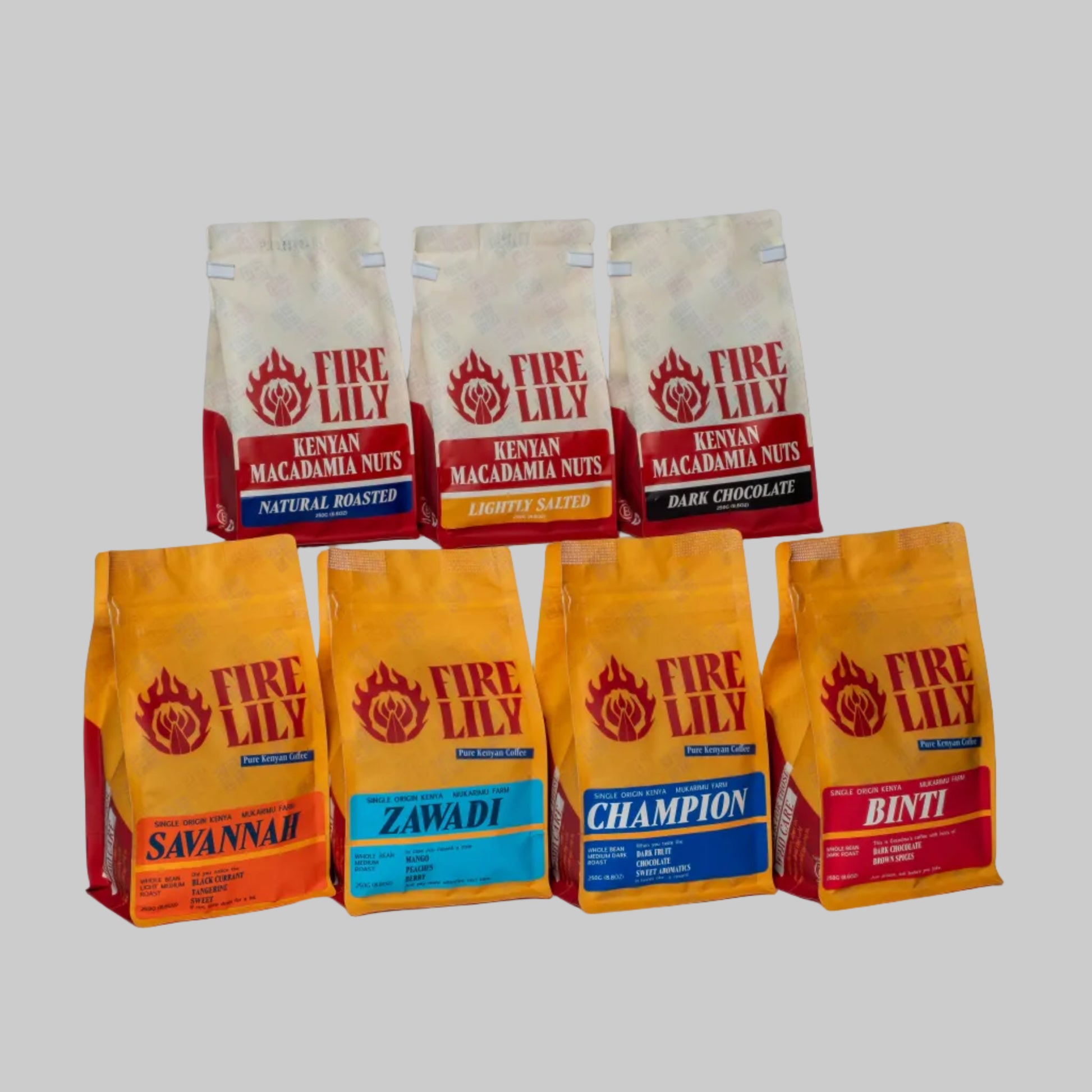 Give the Gift of Kenyan Coffee and Macadamia — Fire Lily Gift Card packaging with various macadamia nut flavors.