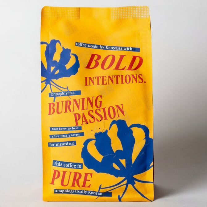 Light roast Kenyan coffee bag featuring bold design and vibrant colors, labeled 'Burning Passion' with pure coffee essence.