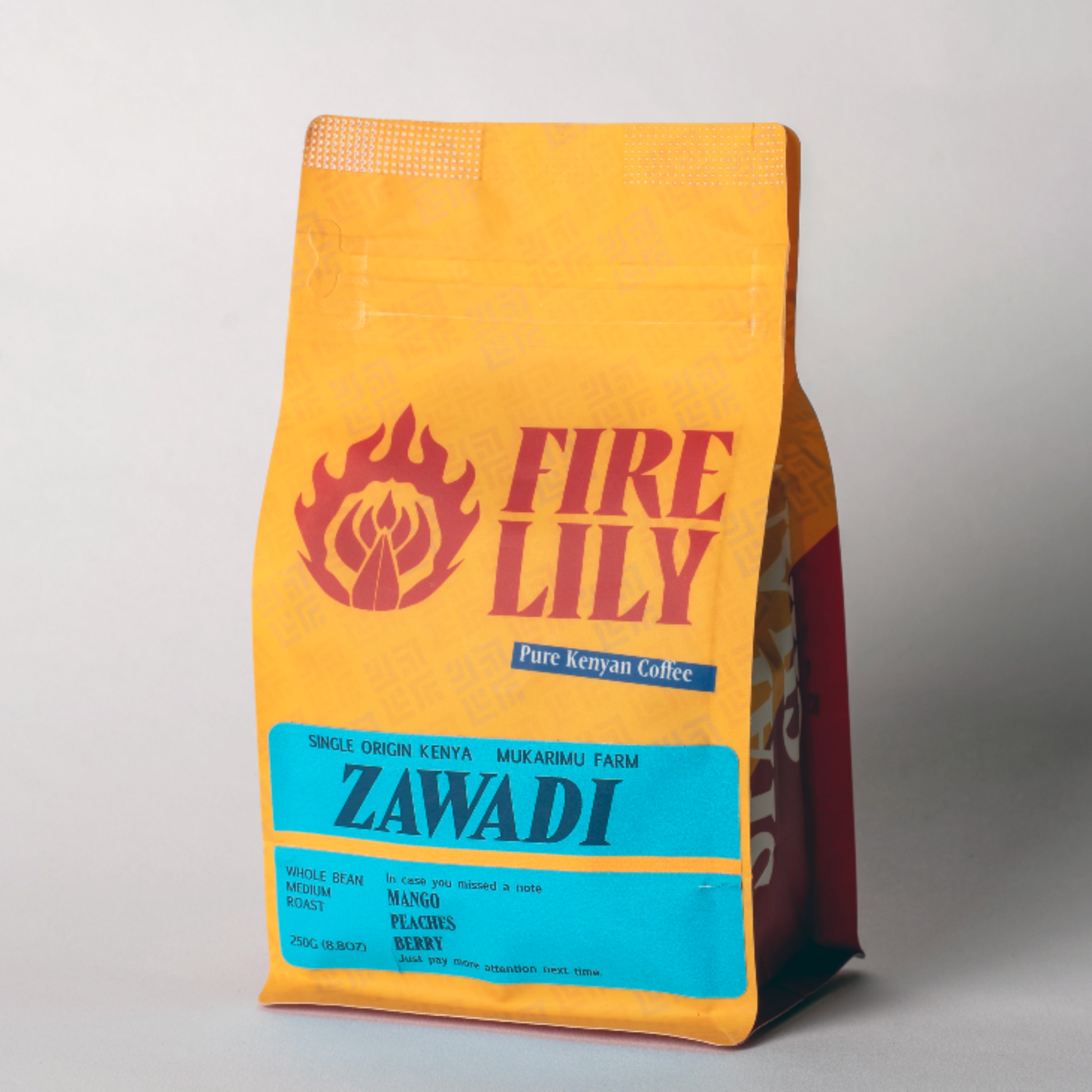Coffee bag labeled 'Fire Lily Zawadi' on a white background